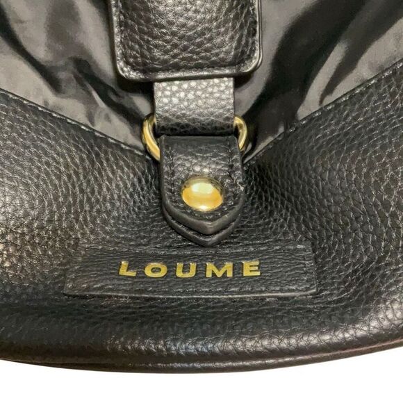 Loume Black Nylon and Vegan Leather Slouchy Backpack, Gold hardware - Picture 3 of 16